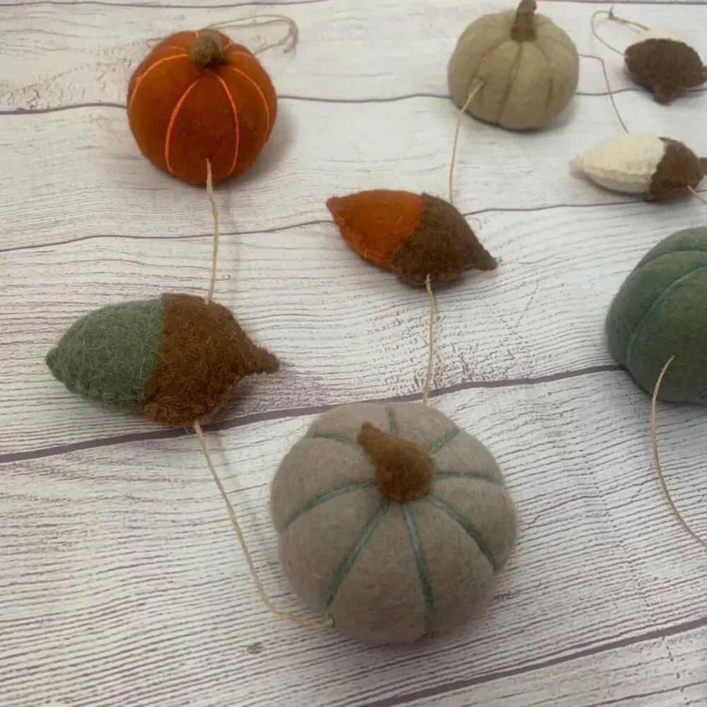 Fall Felt Pumpkin Acorn Garland on Twine String Hanging Loops 6ft Thanksgiving